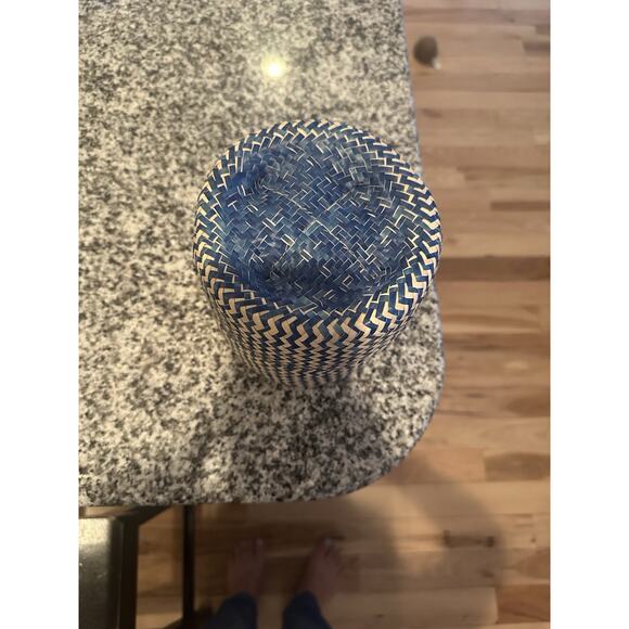 Hand Woven Basket With Lid Blue & Tan Striped - Picture 3 of 5